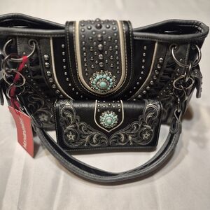 Montana West Black & Gray With Turquoise Studded Shoulder Bag Conceal Carry NWTs